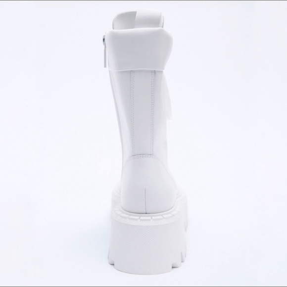 Zara White Lug Sole Lace-Up Leather Ankle Boots Size 5 - Picture 4 of 13